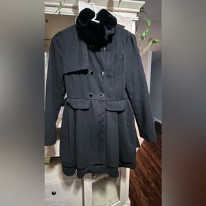 Fur Collar waisted Black Coat